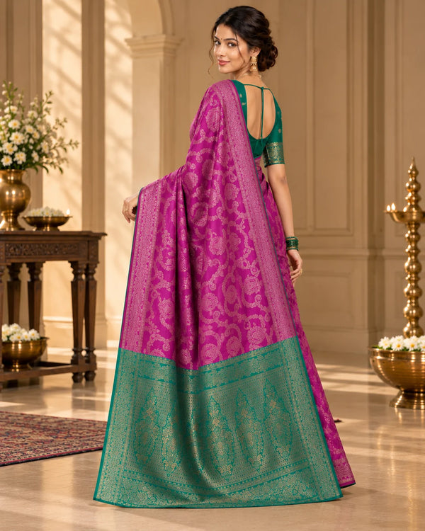 Elegant Magenta Purple & Green Woven Saree with Golden Paisley Motifs & Designer Pallu