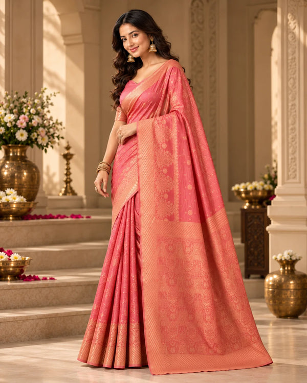 Elegant Pink Woven Saree with Rich Gold Traditional Pallu