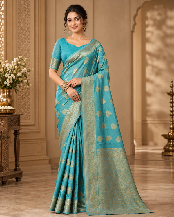 Elegant Turquoise Blue Woven Silk Saree with Intricate Golden Motifs & Rich Traditional Border