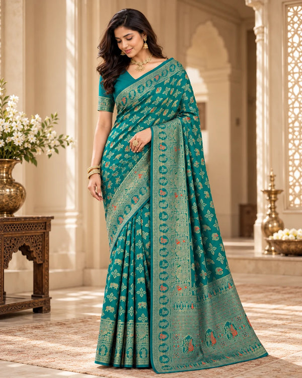 Elegant Teal Blue Woven Saree with Multicolor Traditional Motifs & Designer Zari Pallu