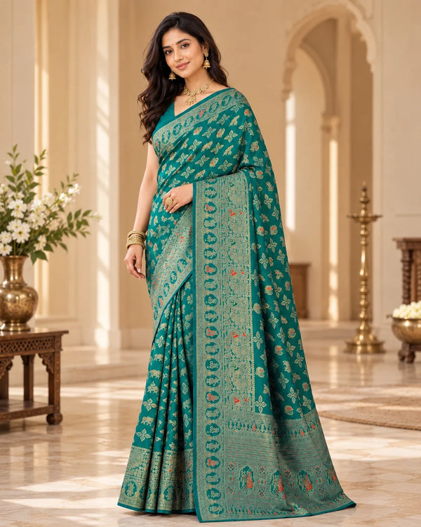 Elegant Teal Blue Woven Saree with Multicolor Traditional Motifs & Designer Zari Pallu