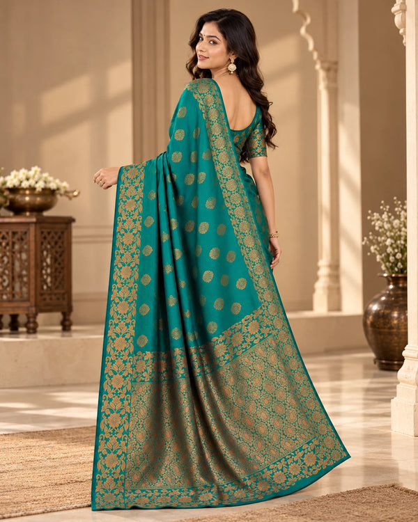 Teal Green Art Silk Saree with Golden Floral Zari Border & Woven Motifs