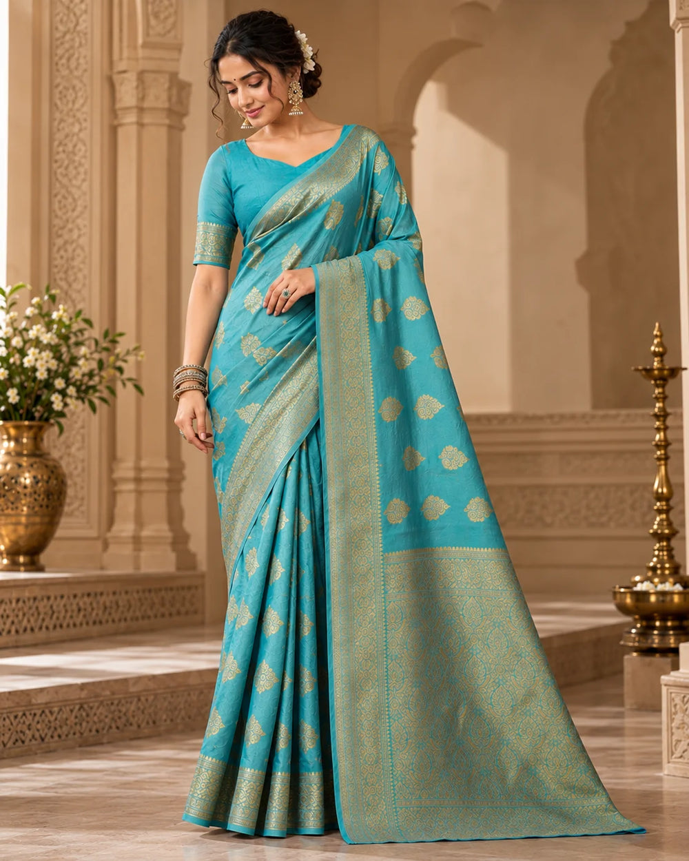 Elegant Turquoise Blue Woven Silk Saree with Intricate Golden Motifs & Rich Traditional Border