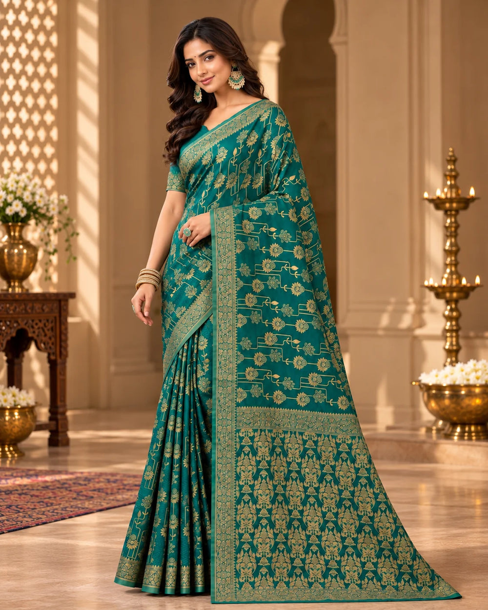Teal Green Woven Silk Saree with Intricate Floral & Traditional Gold Motifs