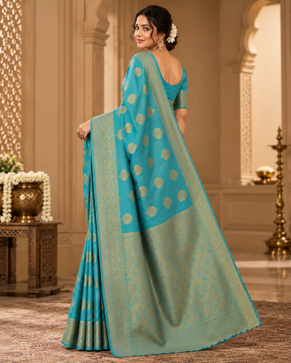 Elegant Turquoise Blue Woven Silk Saree with Intricate Golden Motifs & Rich Traditional Border
