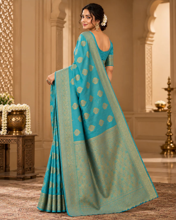 Elegant Turquoise Blue Woven Silk Saree with Intricate Golden Motifs & Rich Traditional Border