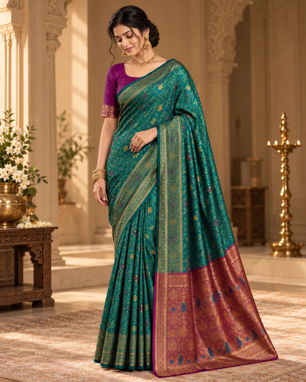 Elegant Teal Green Banarasi Saree with Maroon Gold Woven Pallu & Traditional Motifs