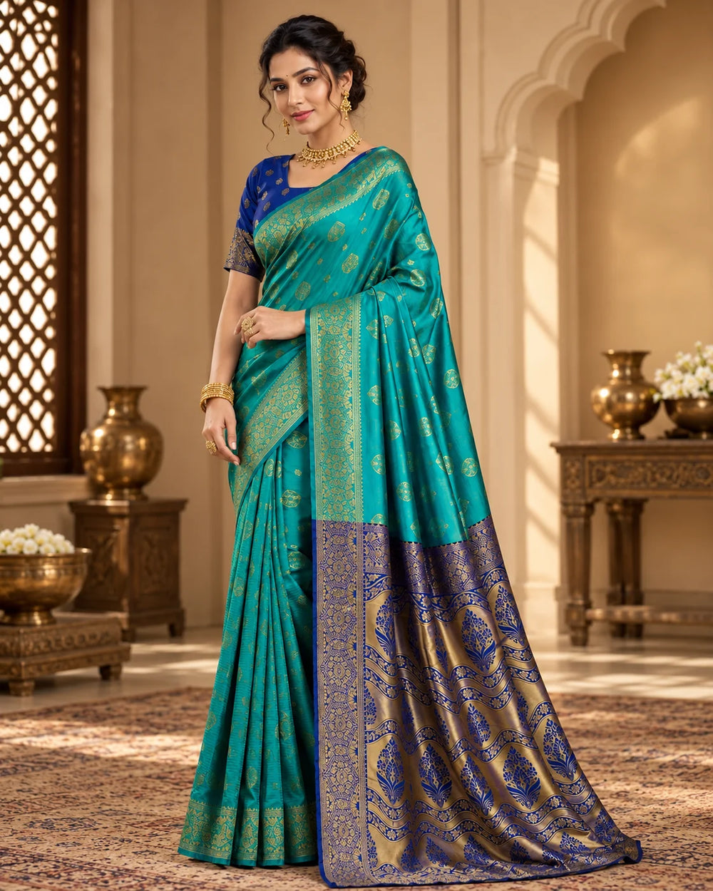 Teal Blue & Royal Blue Banarasi Zari Motif Saree with Designer Pallu