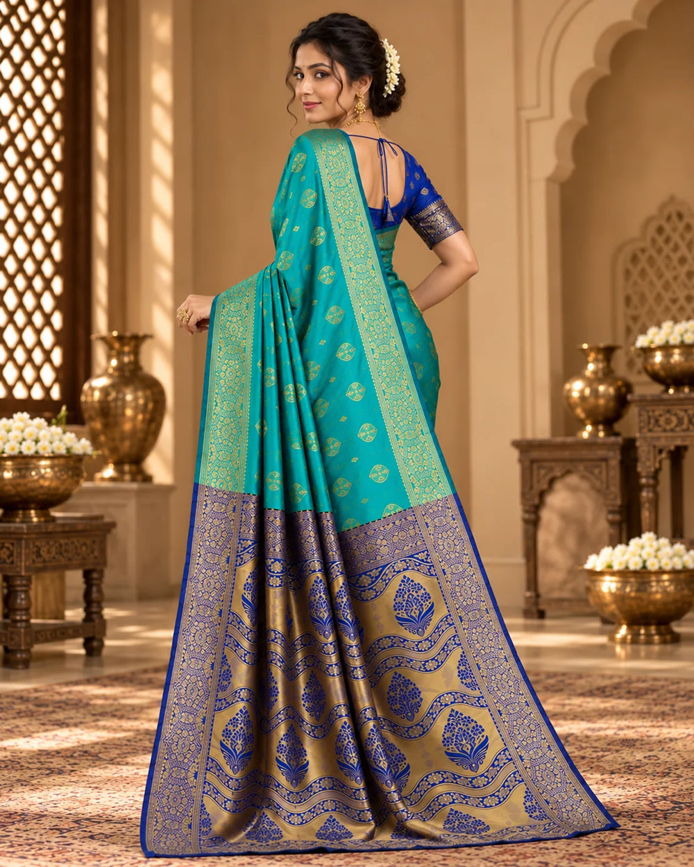 Teal Blue & Royal Blue Banarasi Zari Motif Saree with Designer Pallu