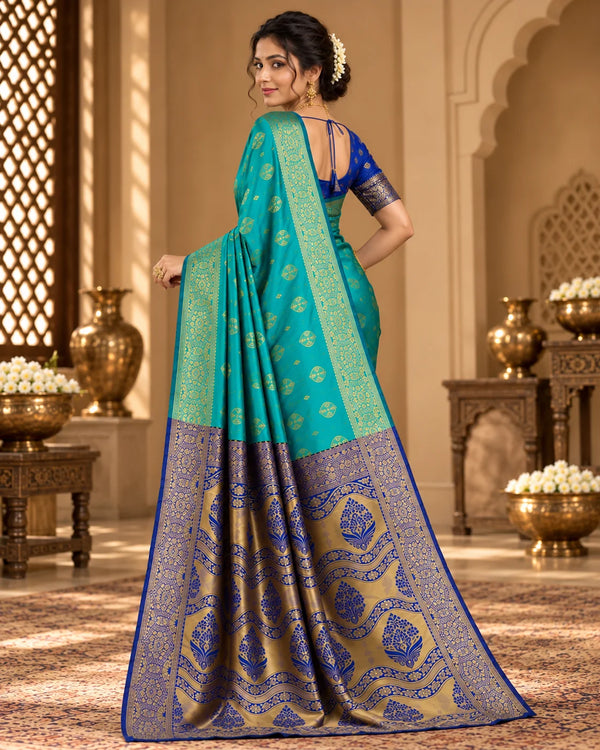 Teal Blue & Royal Blue Banarasi Zari Motif Saree with Designer Pallu