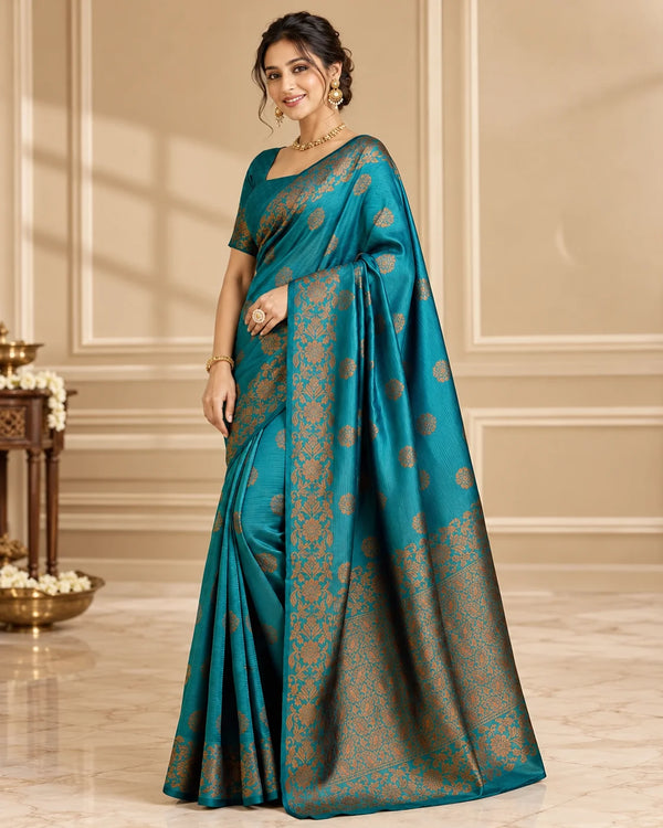 Teal Blue Art Silk Saree with Copper Gold Floral Zari Border & Designer Pallu