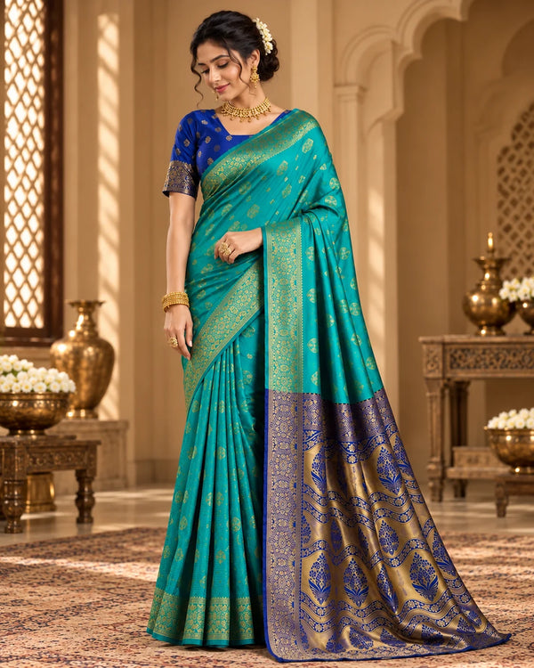 Teal Blue & Royal Blue Banarasi Zari Motif Saree with Designer Pallu