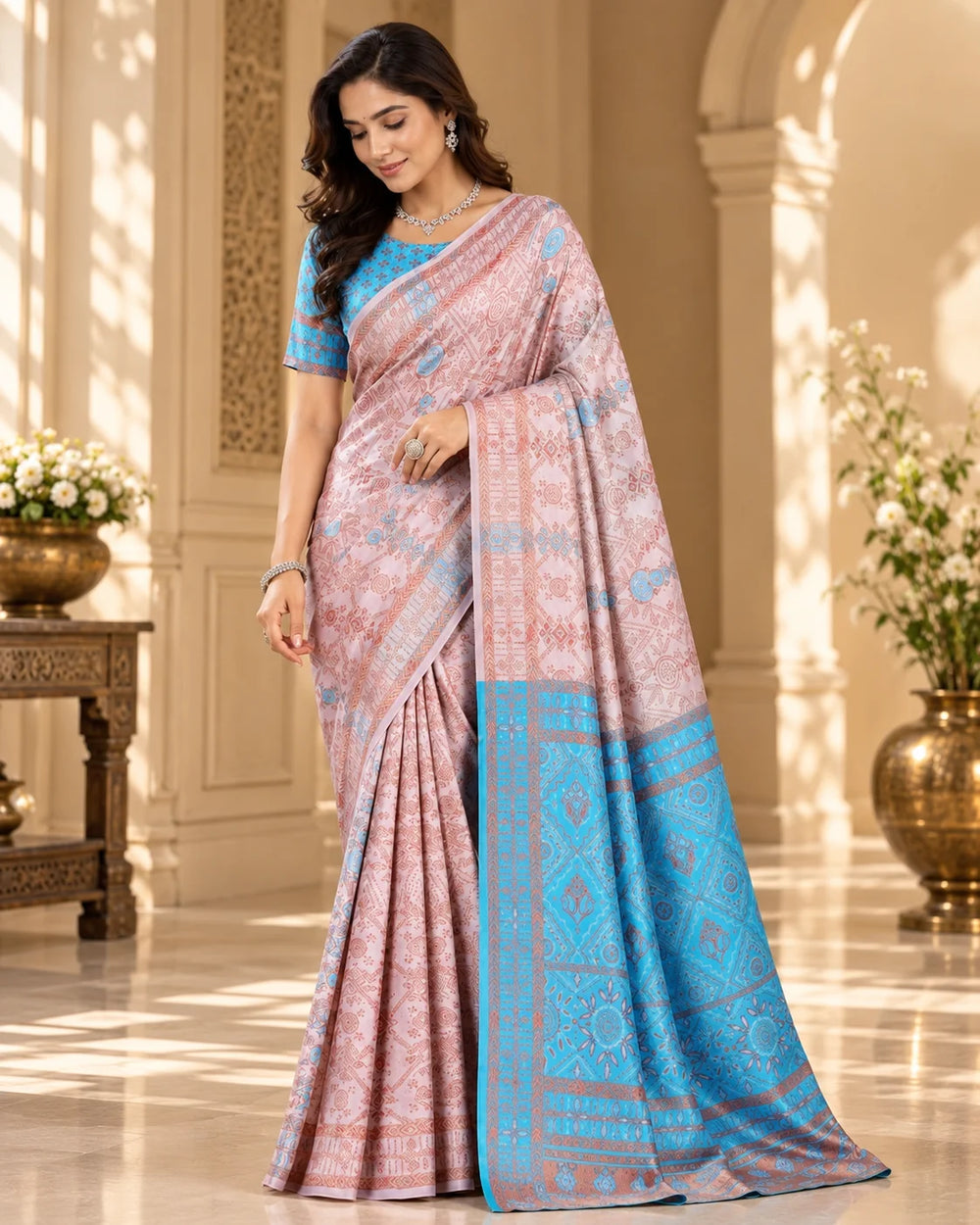 Blush Pink & Sky Blue Designer Traditional Saree