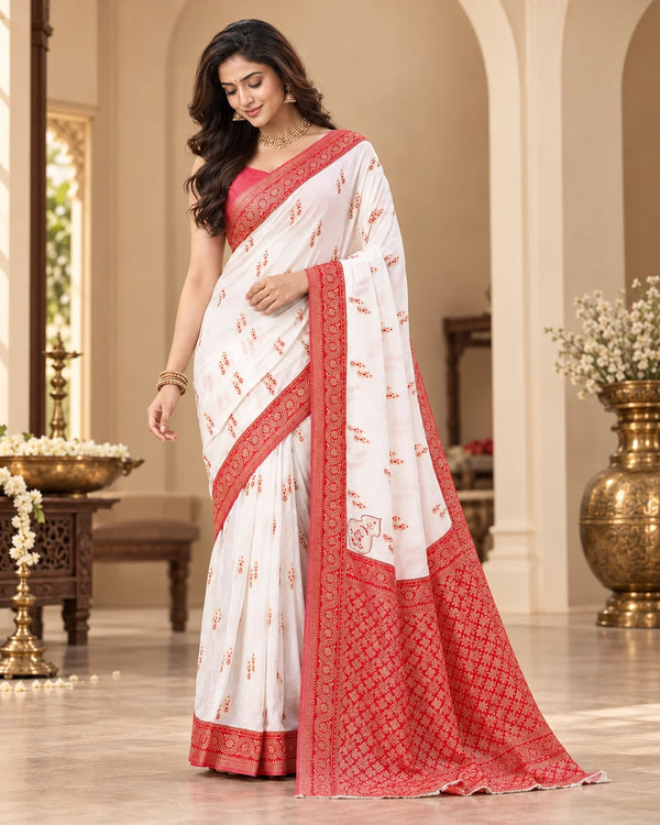 Elegant White & Red Traditional Woven Saree with Intricate Red Border & Designer Pallu