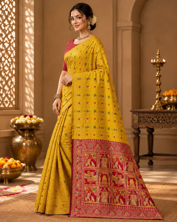 Mustard Yellow Woven Silk Saree with Traditional Motifs & Rich Red Designer Pallu