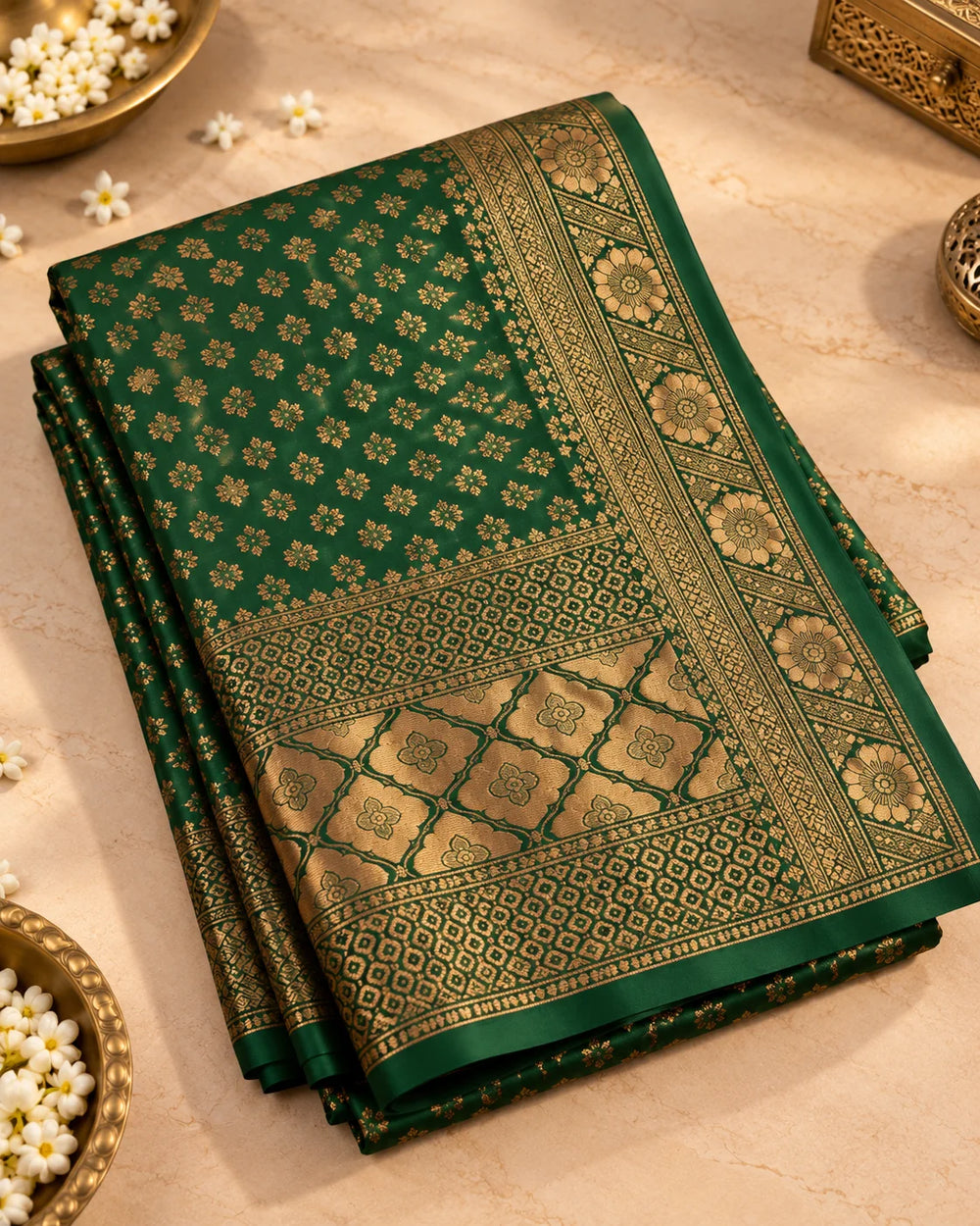 Dark Green Woven Silk Saree with Intricate Floral Motifs & Antique Gold Border