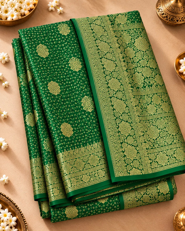 Emerald Green Woven Silk Saree with Intricate Floral Motifs & Rich Gold Border
