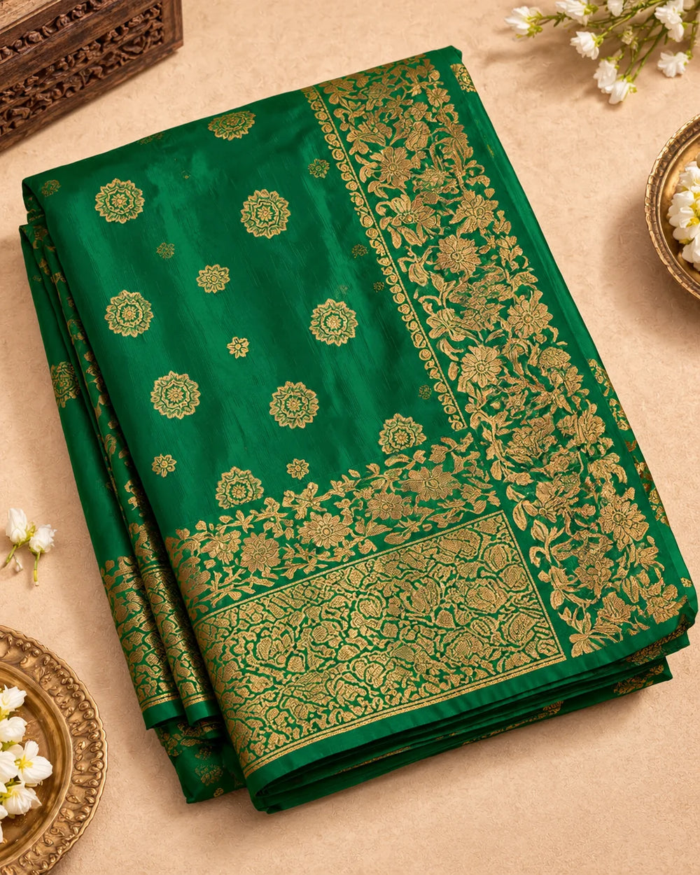 Emerald Green Art Silk Saree with Antique Gold Floral Zari Border & Pallu