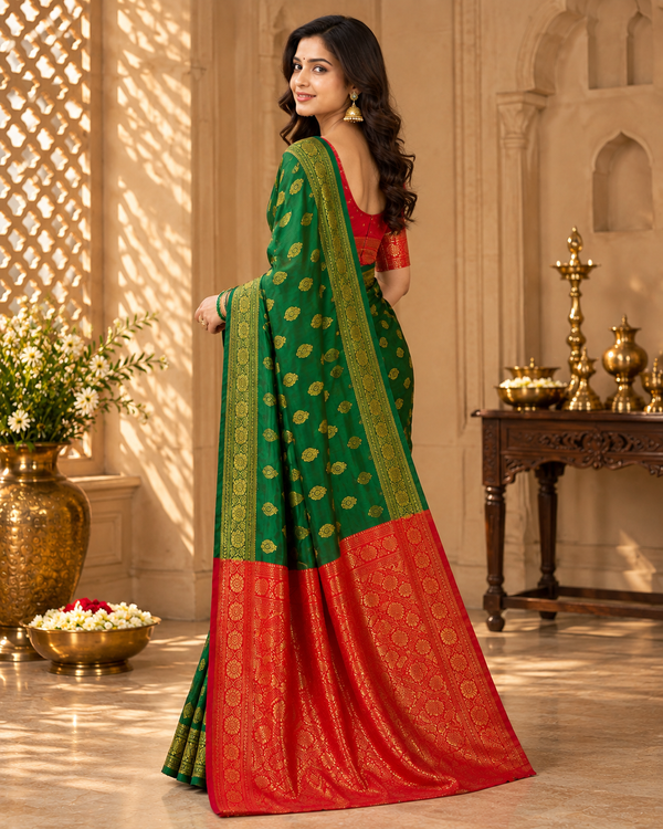 Emerald Green & Red Banarasi Zari Buti Saree | Wedding & Festive Wear