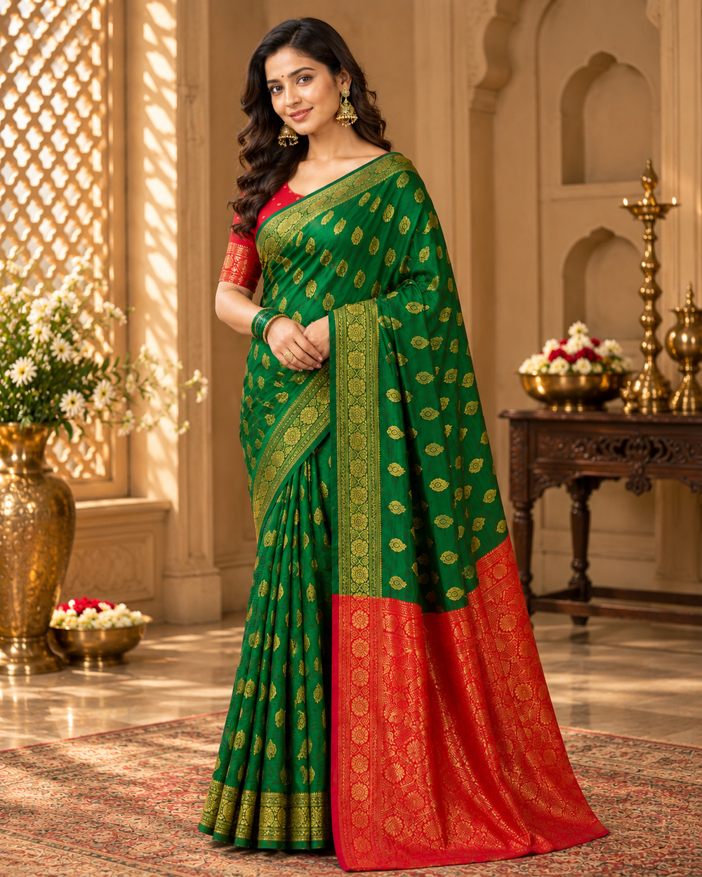 Emerald Green & Red Banarasi Zari Buti Saree | Wedding & Festive Wear