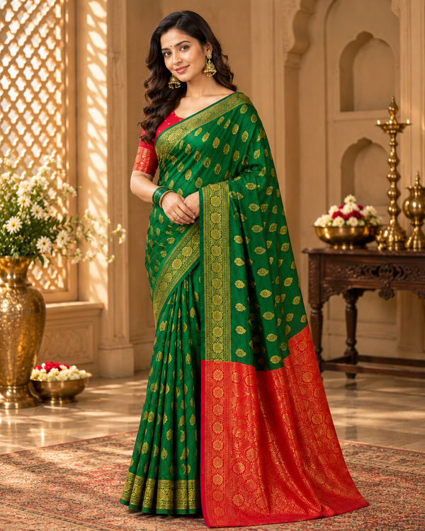 Emerald Green & Red Banarasi Zari Buti Saree | Wedding & Festive Wear
