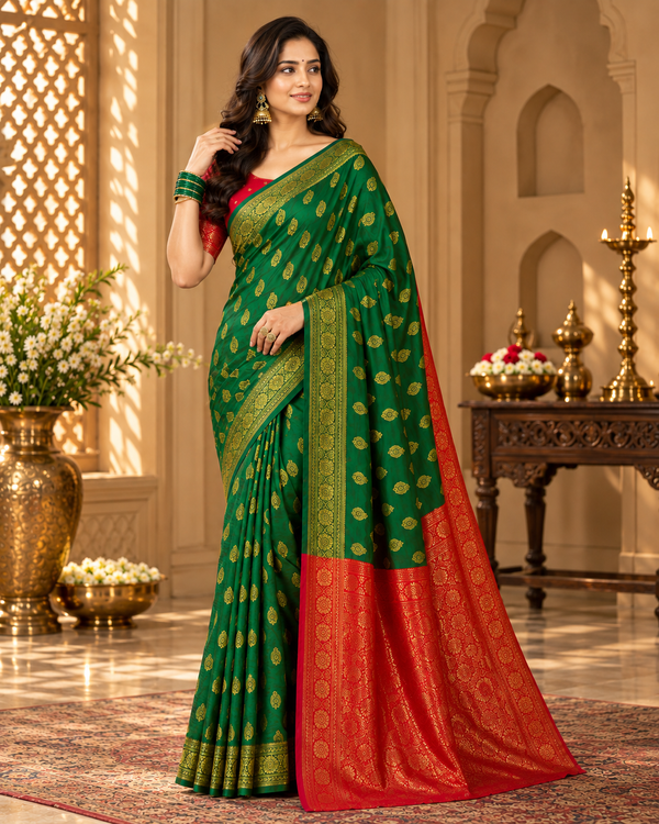 Emerald Green & Red Banarasi Zari Buti Saree | Wedding & Festive Wear