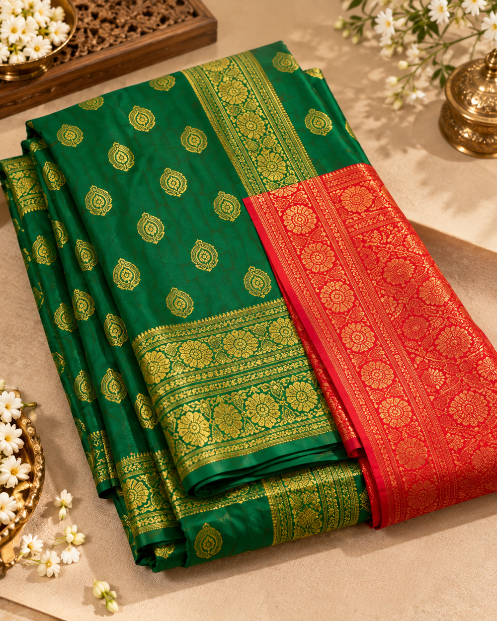 Emerald Green & Red Banarasi Zari Buti Saree | Wedding & Festive Wear