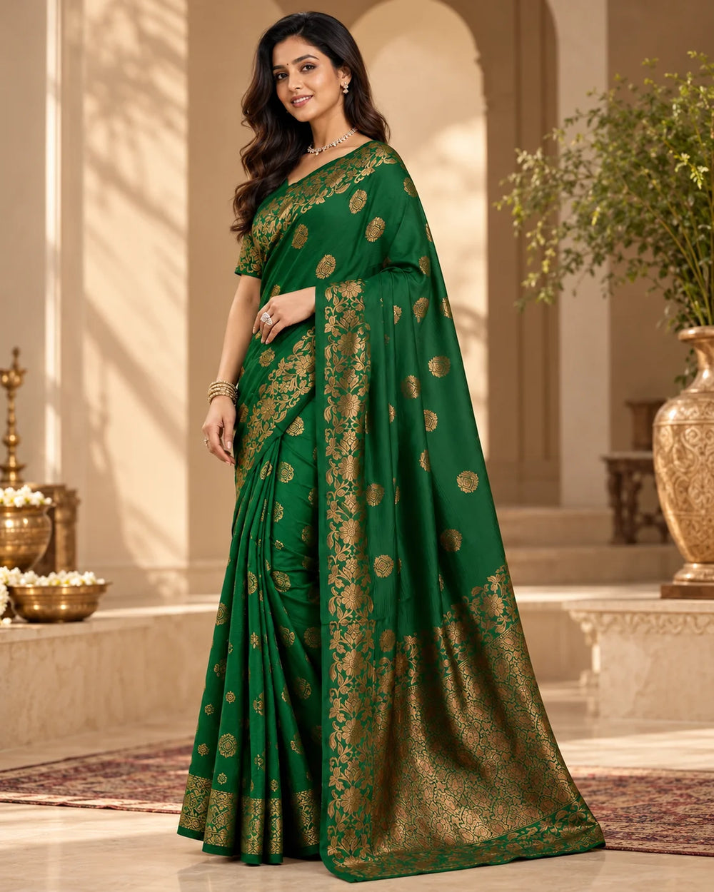 Emerald Green Art Silk Saree with Antique Gold Floral Zari Border & Pallu