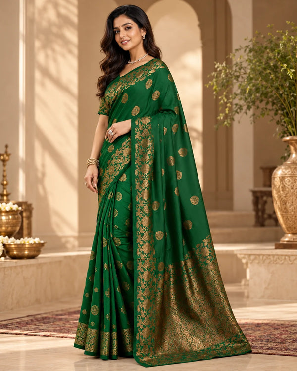 Emerald Green Art Silk Saree with Antique Gold Floral Zari Border & Pallu