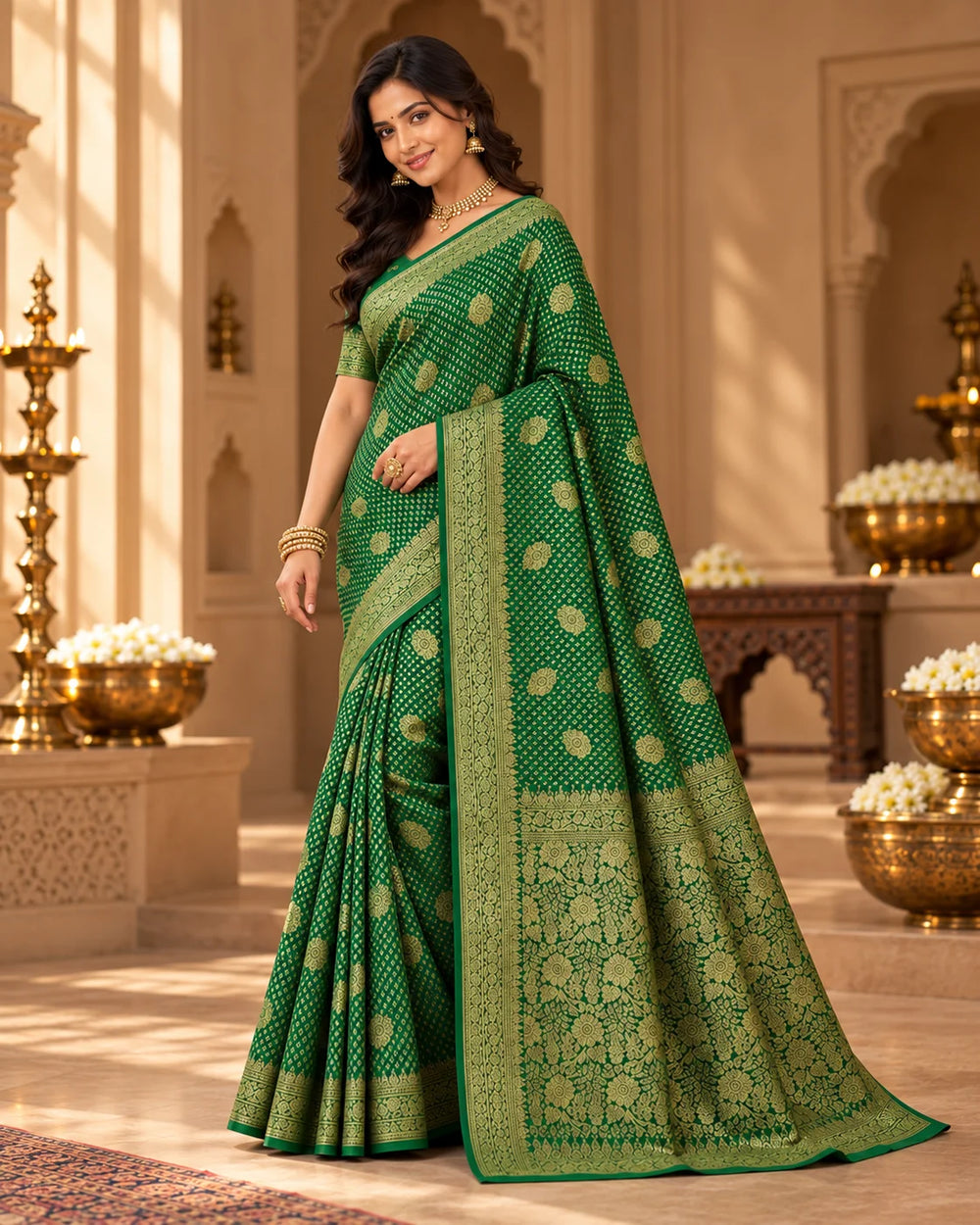 Emerald Green Woven Silk Saree with Intricate Floral Motifs & Rich Gold Border