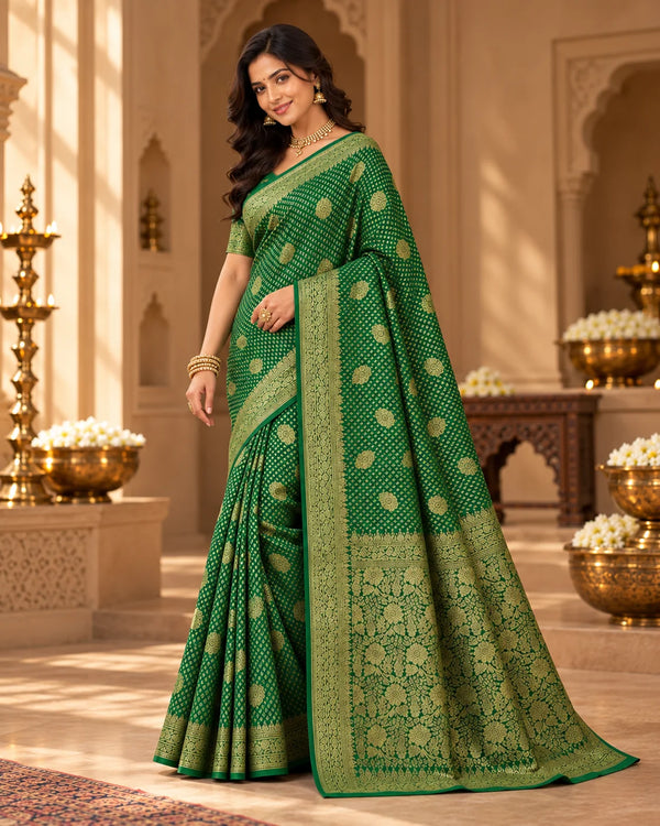 Emerald Green Woven Silk Saree with Intricate Floral Motifs & Rich Gold Border