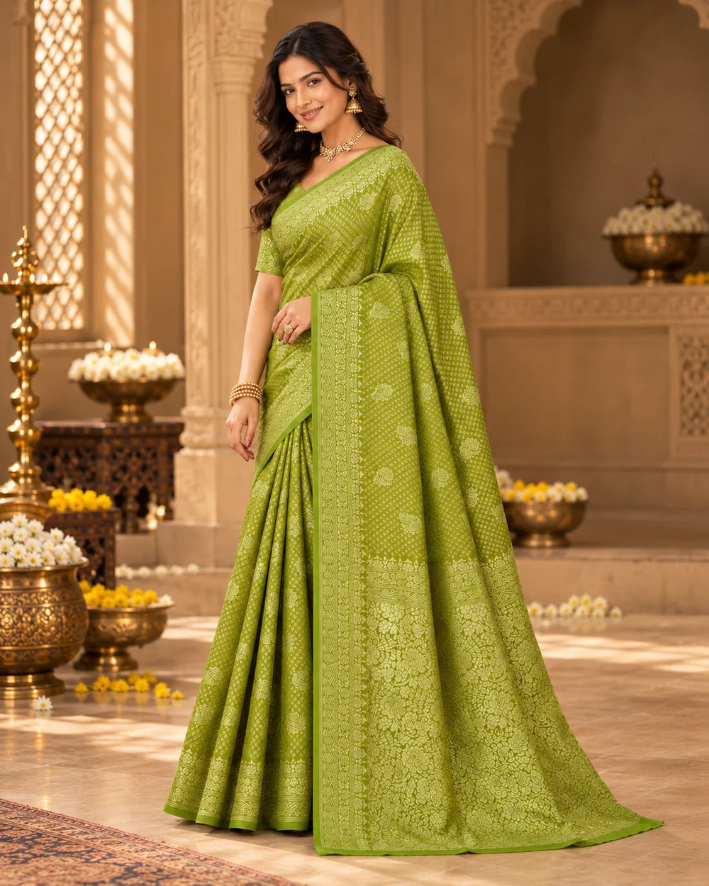 Olive Green Woven Silk Saree with Intricate Floral Motifs & Traditional Border