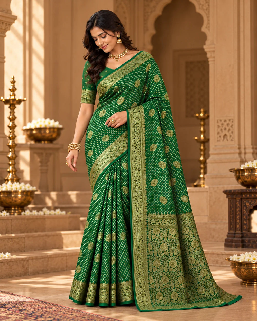 Emerald Green Woven Silk Saree with Intricate Floral Motifs & Rich Gold Border