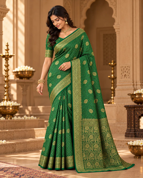 Emerald Green Woven Silk Saree with Intricate Floral Motifs & Rich Gold Border