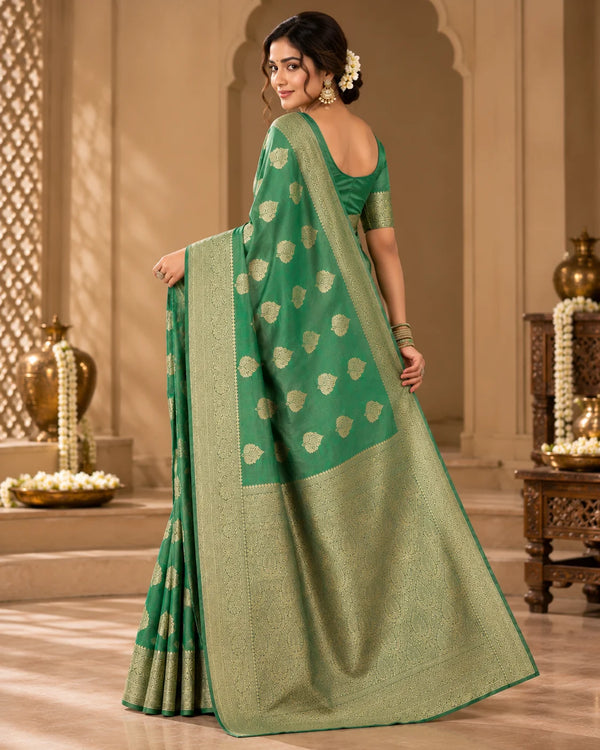 Teal Green Woven Silk Saree with Intricate Gold Motifs & Rich Traditional Border