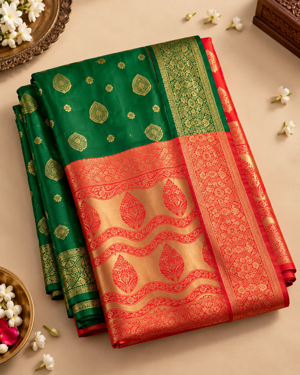 Emerald Green & Red Banarasi Zari Buti Saree