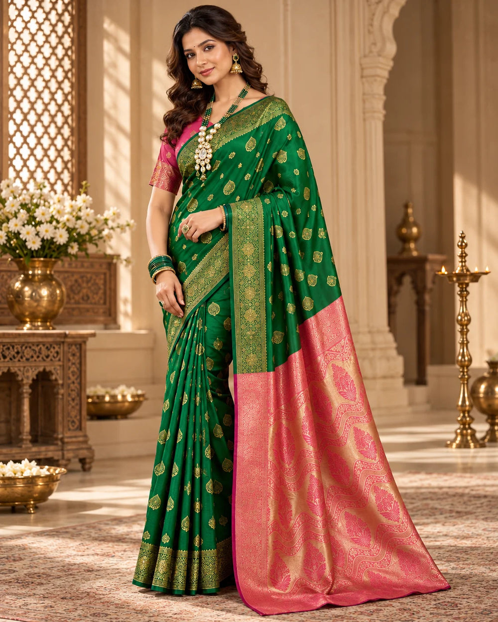 Emerald Green & Blush Pink Banarasi Zari Motif Saree