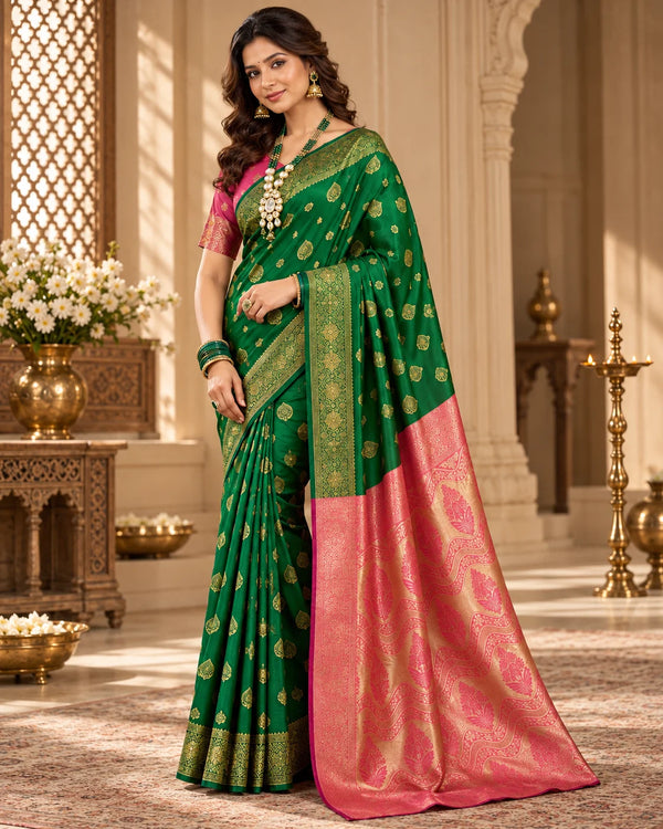 Emerald Green & Blush Pink Banarasi Zari Motif Saree