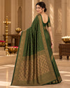 Dark Green Woven Silk Saree with Intricate Floral Motifs & Antique Gold Border