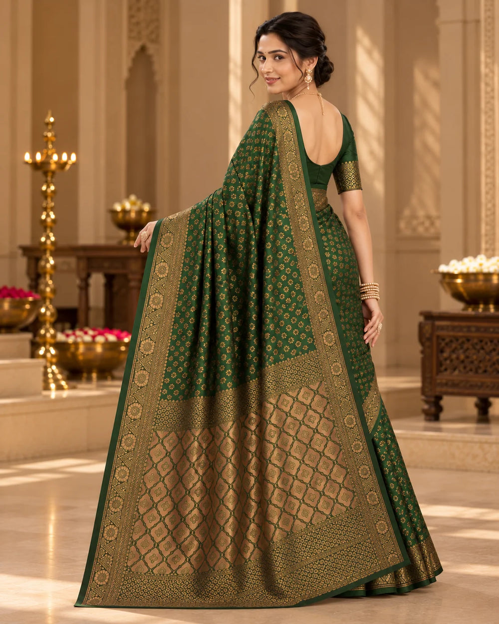 Dark Green Woven Silk Saree with Intricate Floral Motifs & Antique Gold Border