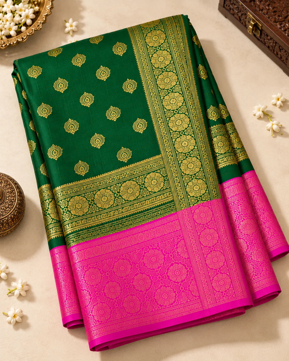 Emerald Green & Rani Pink Banarasi Art Silk Saree with Zari Motifs and Designer Pallu