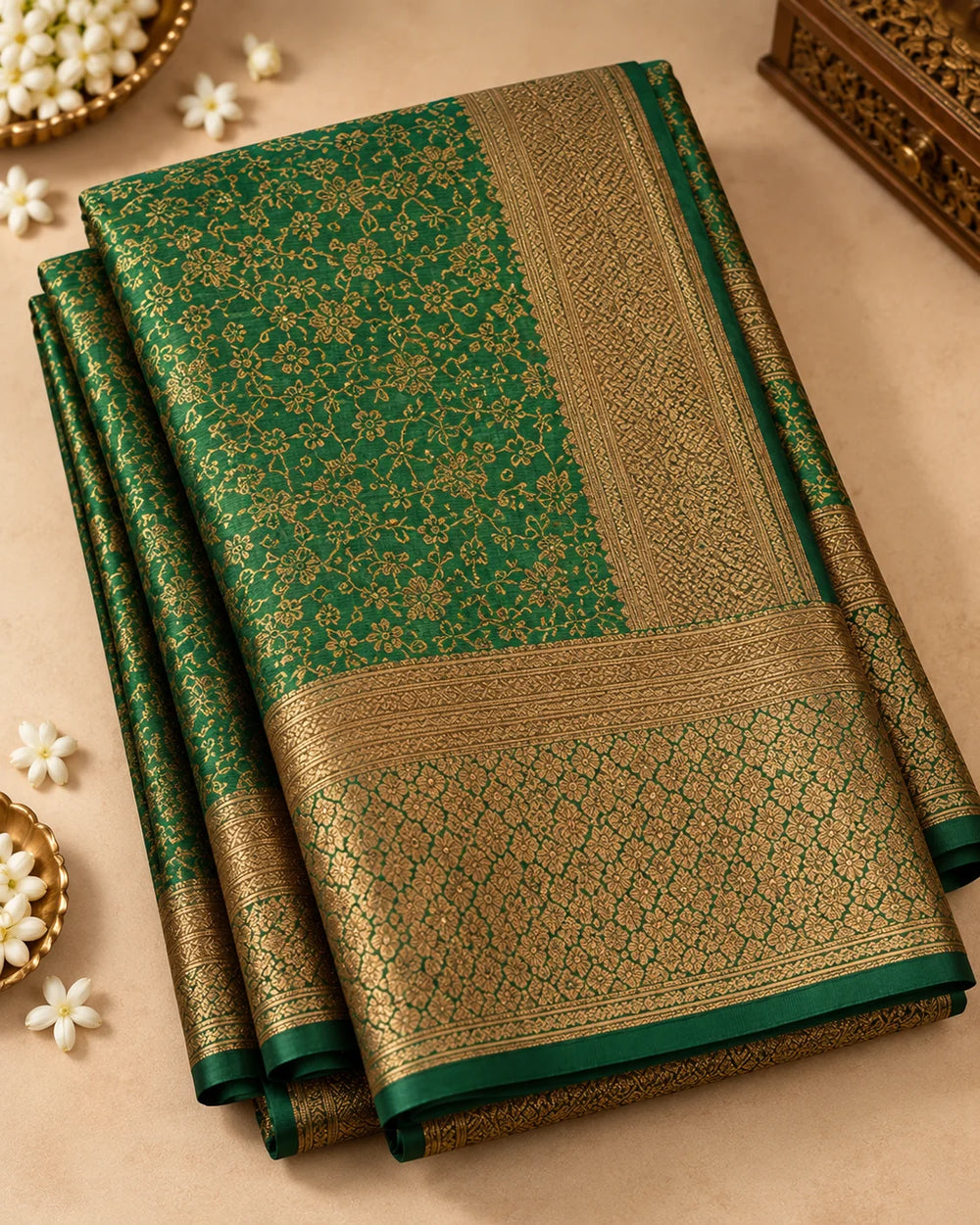 Elegant Emerald Green Woven Saree with Intricate Golden Floral Motifs & Rich Zari Pallu