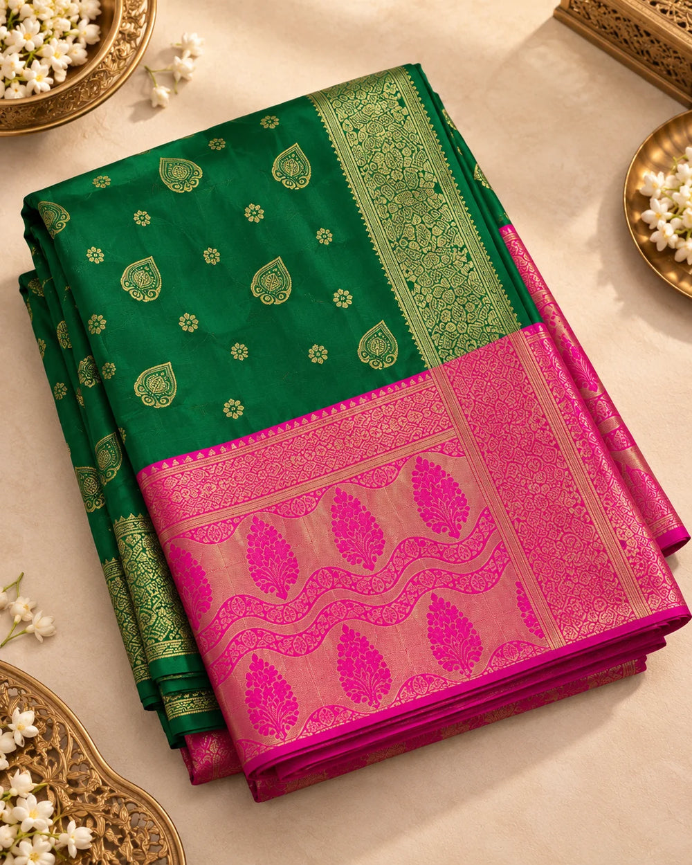 Bottle Green & Magenta Banarasi Style Art Silk Saree with Rich Gold Woven Motifs