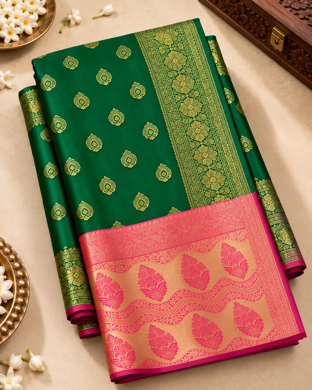 Emerald Green & Blush Pink Banarasi Zari Motif Saree