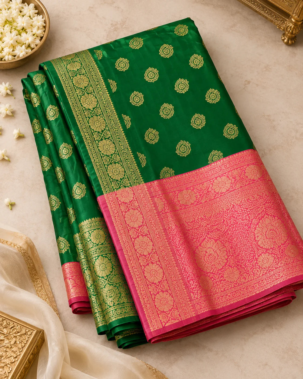 Emerald Green & Rani Pink Banarasi Style Art Silk Saree with Gold Woven Motifs