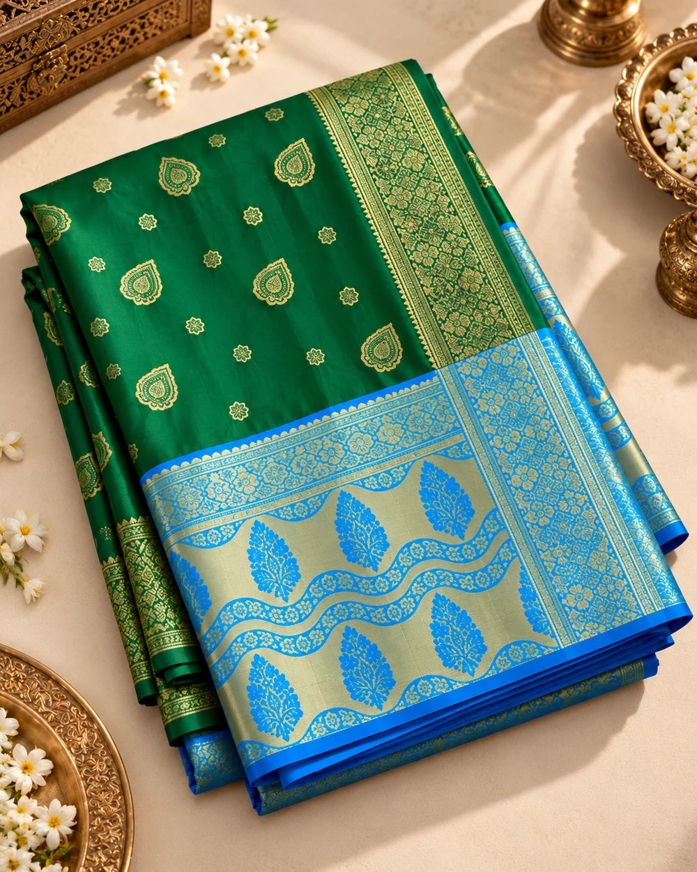 Emerald Green & Blue Banarasi Zari Motif Saree | Festive & Wedding Wear
