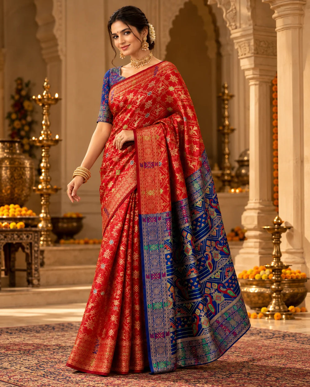 Red Woven Silk Saree with Multicolour Traditional Motifs & Royal Blue Pallu