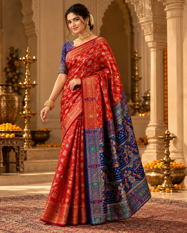 Red Woven Silk Saree with Multicolour Traditional Motifs & Royal Blue Pallu