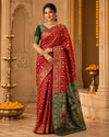 Red Woven Silk Saree with Intricate Traditional Motifs & Green Designer Pallu