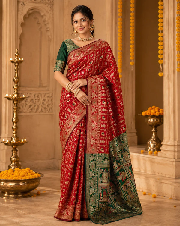 Red Woven Silk Saree with Intricate Traditional Motifs & Green Designer Pallu